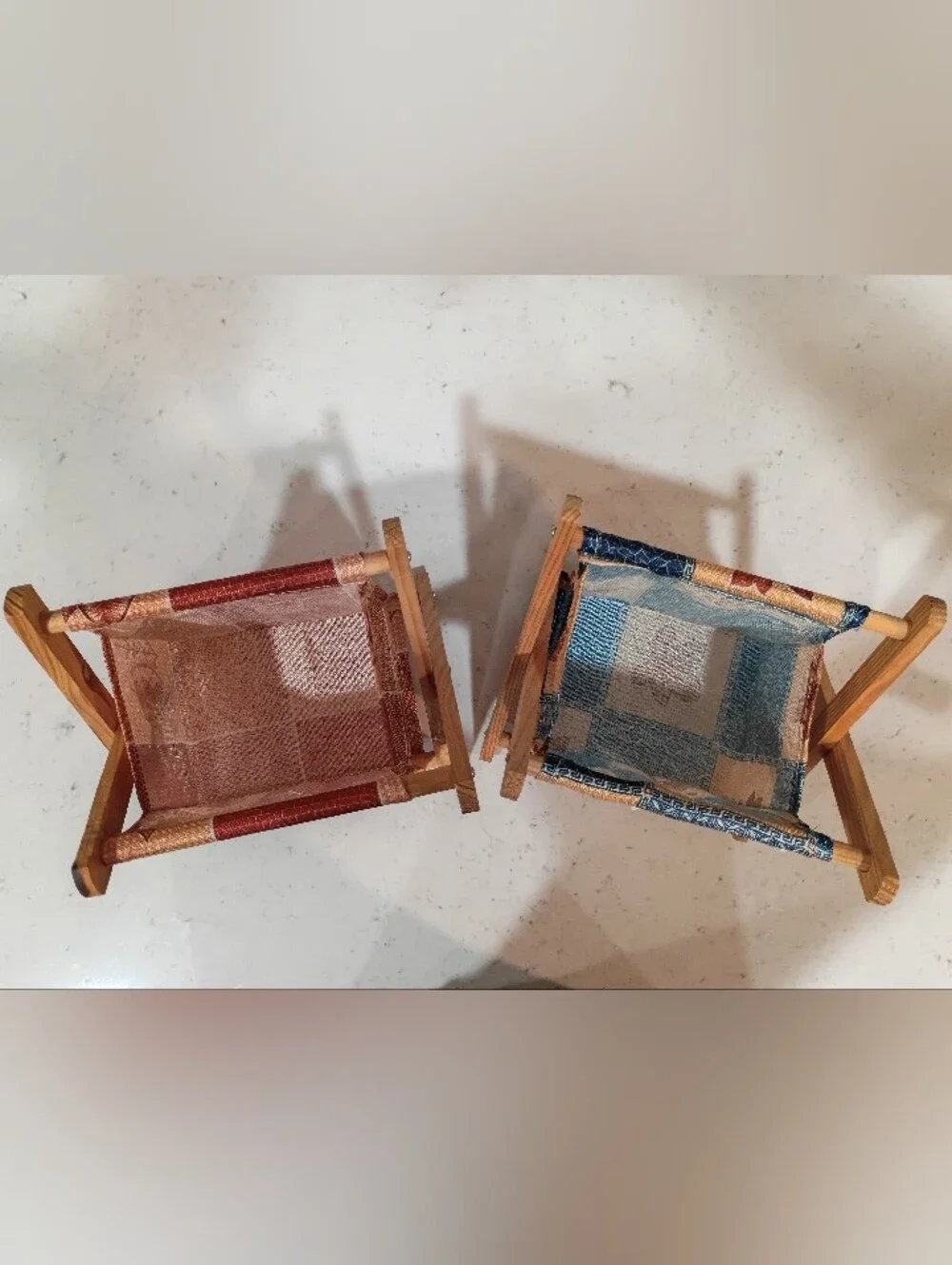 Set Of Vintage Wooden Knitting Caddies - Red and Blue
